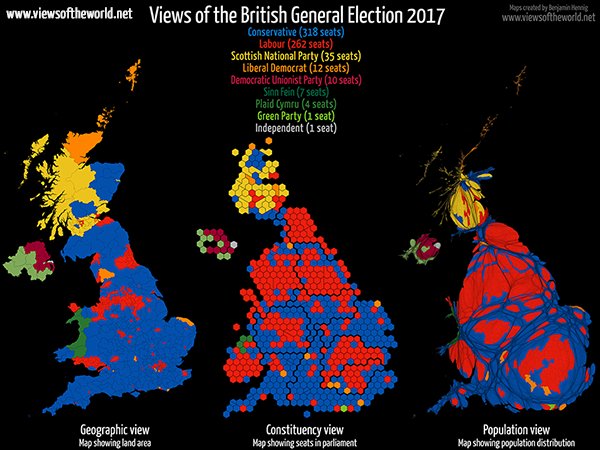 geoviews's tweet photo. The results of the 2017 UK General Election - served three ways https://t.co/XiequyESf3 #maps #cartograms #ge17 #ge2017results #britain https://t.co/clYDqoNdgH