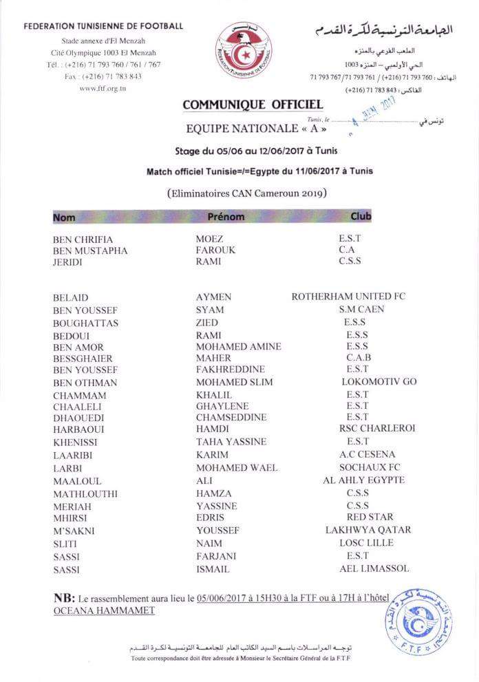 ftf_officiel's tweet photo. Liste des joueurs convoqués pour le Stage de 05/06 au 12/06 et pour le match Tunisie =/= Egypte du 11/06 à Tunis. https://t.co/u6gfpZrkSa