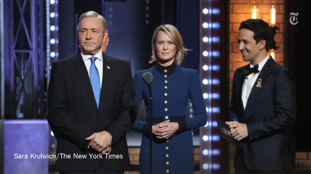 nytimes's tweet photo. Kevin Spacey as Frank Underwood: “I want to get the hell out of here before Bette Midler thanks anyone else” https://t.co/ZCAwfLqvDX https://t.co/O3JGbUPCeh