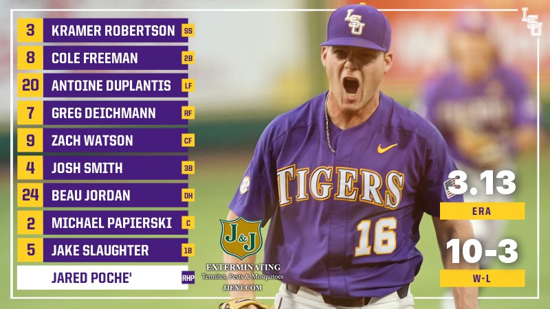 LSUbaseball's tweet photo. Here's the starting lineup for the Fighting Tigers! 

(@JJExterminating) https://t.co/zm6ZgE3Jy9