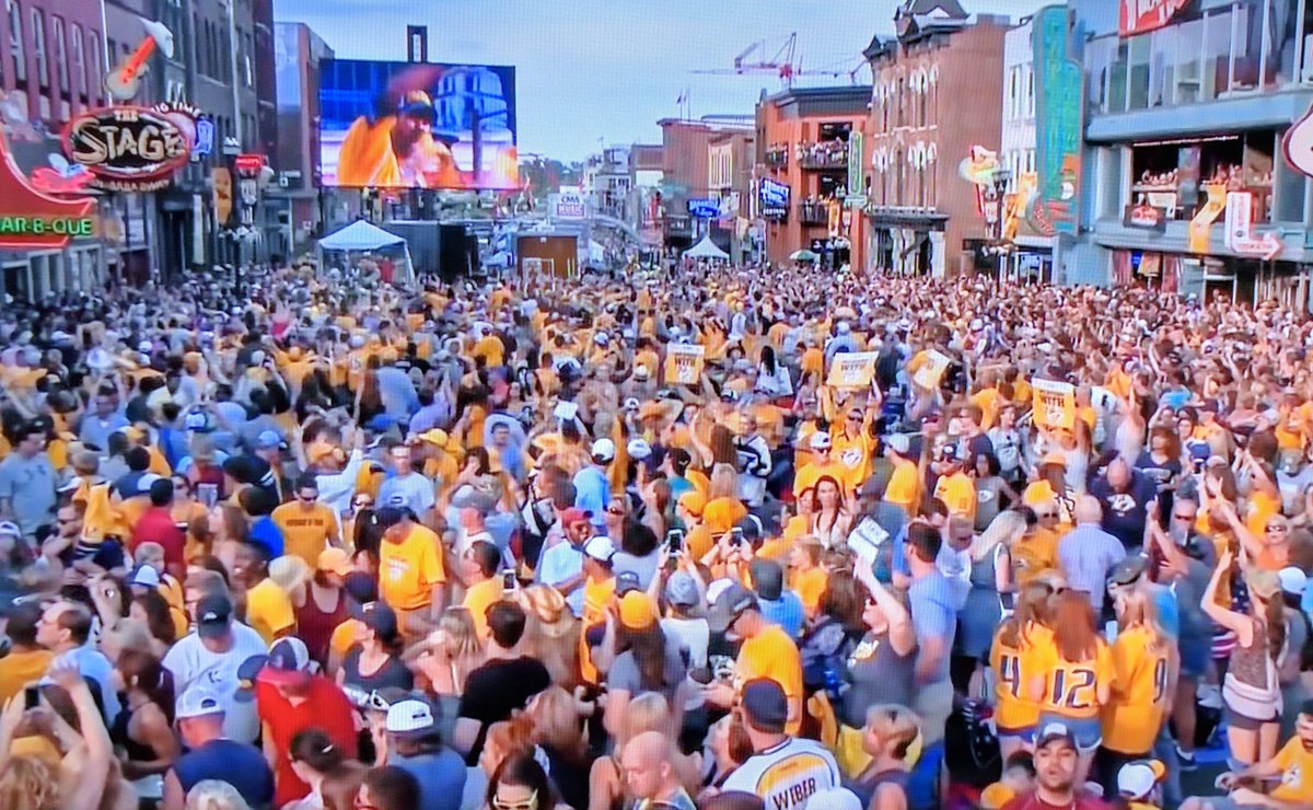 NashvilleTenn's tweet image. It's quite the scene in Downtown #Nashville!!!  LET'S GO #PREDS!!!  #StanleyCup #WeWantTheCup 🏒