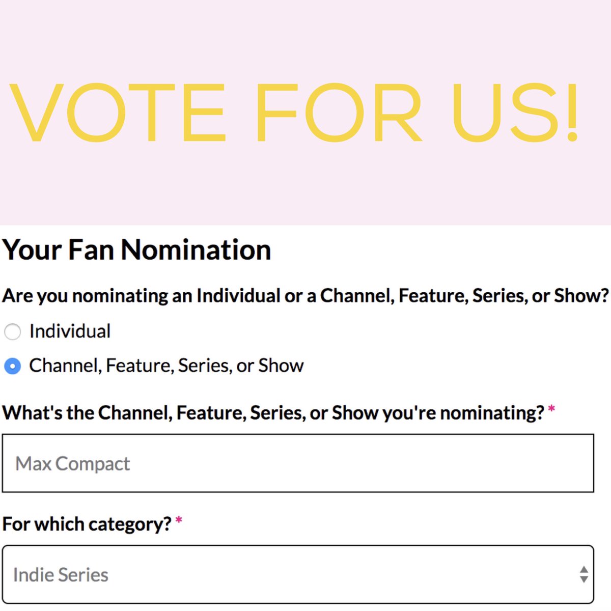 MaxCompact's tweet image. Don't forget to nominate us for the @streamys! #webseries Plz vote! bit.ly/NominateMC