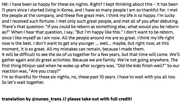 nuneo_trans's tweet photo. full trans of #6Nights closing ments (1/2): 

💚 taecyeon
💗 minjun
❤️ nichkhun

#2PMFOREVER https://t.co/ul32kqVwII