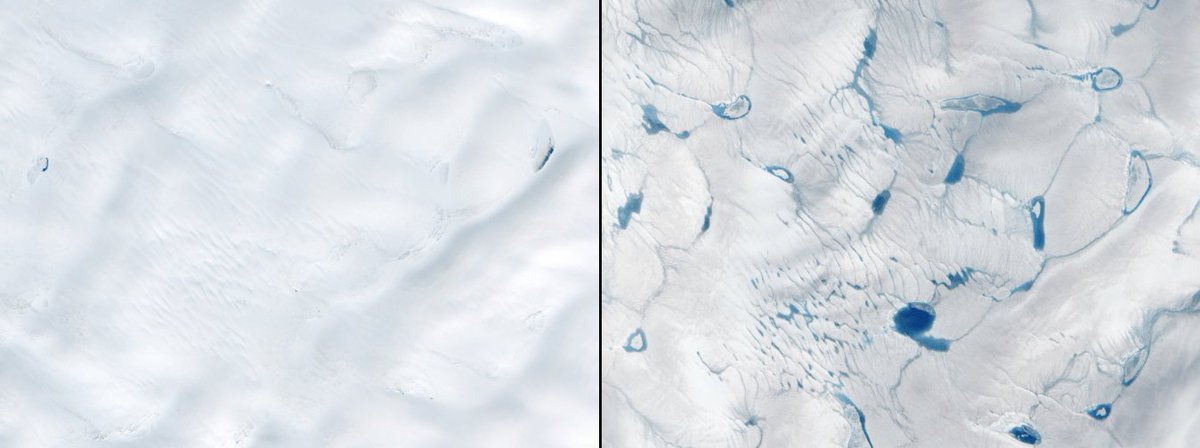 enicolem3's tweet photo. @GEO101SUNY This photo shows early ice melt in Greenland. Left is June 2014, right is June 2016. https://t.co/JmQgZxFfTL
