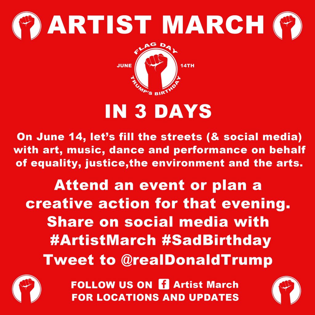 artistmarch's tweet photo. Countdown to June 14! Let's  show the world that we do not stand behind Trump's administration and policies! #resist #notourpresident https://t.co/zFtrIwufQ7