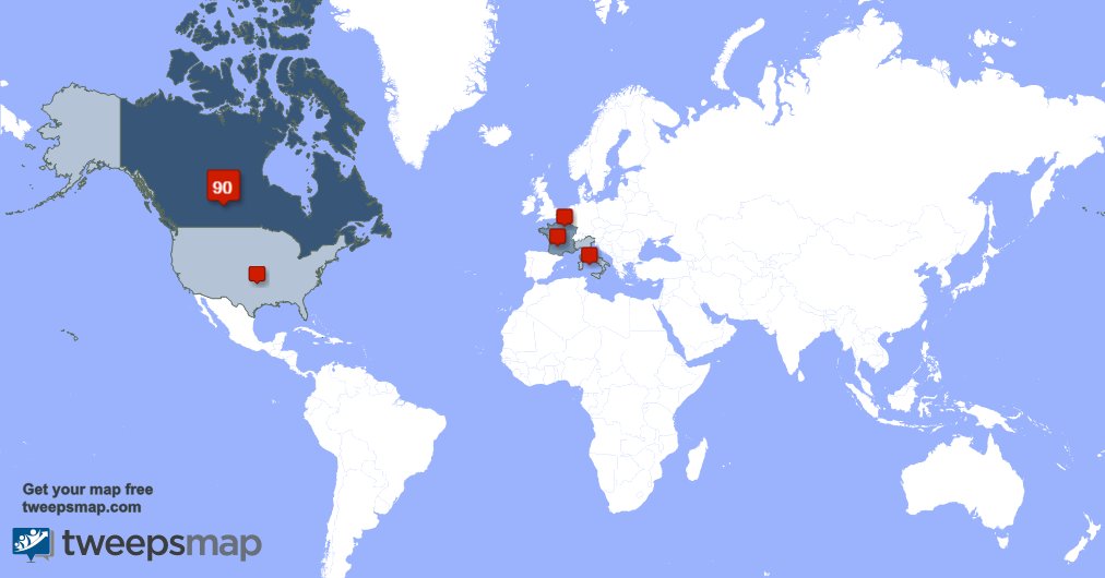 Selon tweepsmap.com/!hop_era Mes followers vivent en: Canada(89%),France(6%),Belgique(1%)