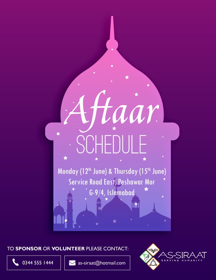 assiraattrust's tweet photo. This week #AsSiraat's Aftaar Schedule. To Sponsor/Volunteer call +92.344.5551444 / email 'as-siraat@hotmail.com' #charity #Ramadan #Pakistan https://t.co/wHiubd1MGr