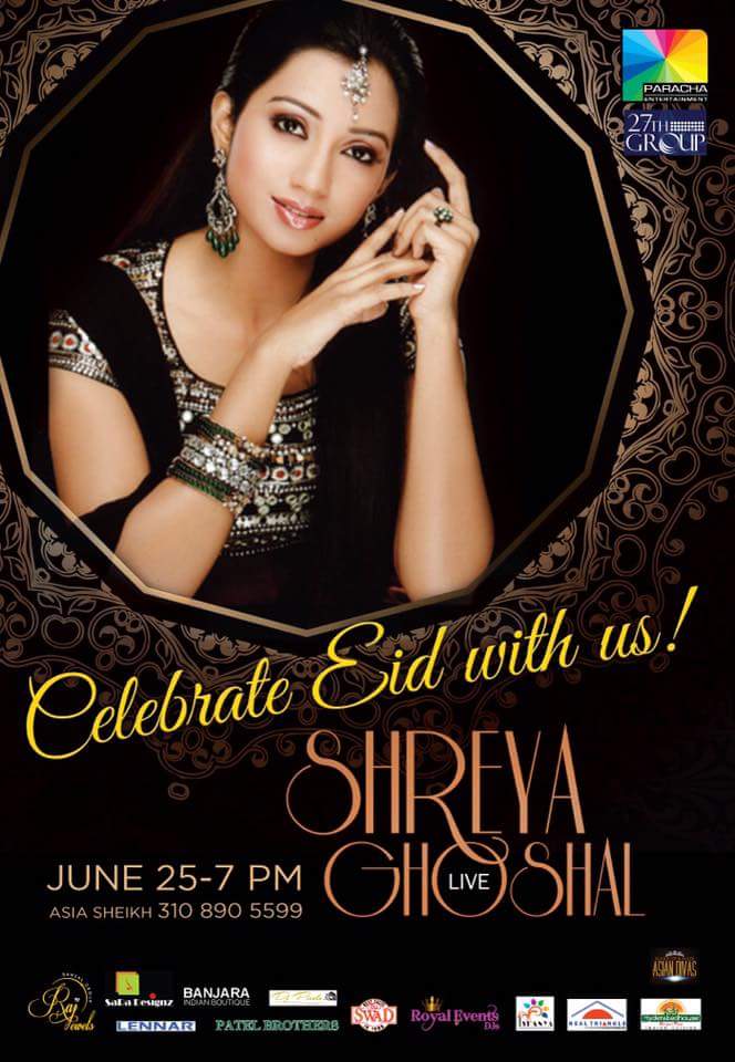 SonaSsg's tweet photo. Celebrate ts Eid with the #MelodyQueen @shreyaghoshal ! She gonna rock in Raleigh on #25june17.๐ book tickets now on https://t.co/A9paZXk1BU https://t.co/QOf2WuZRgB