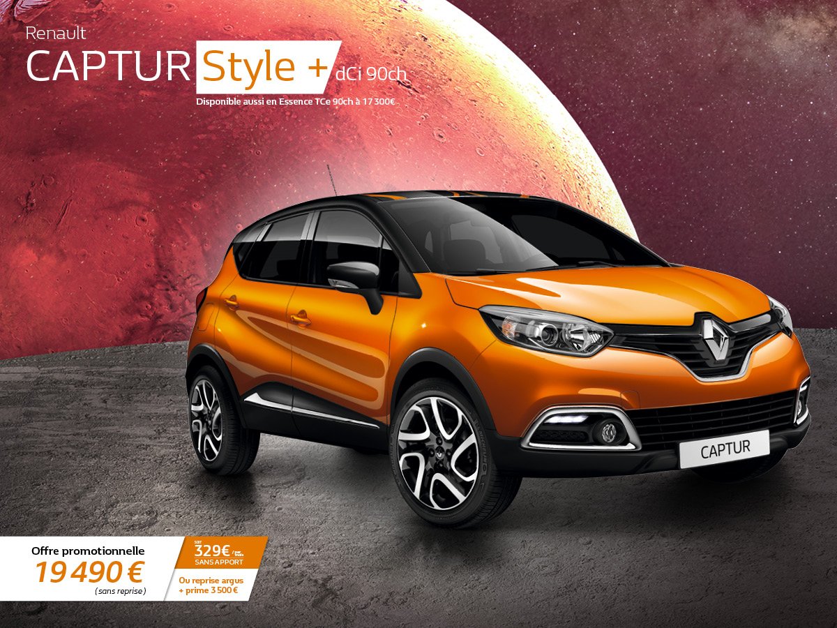 Renault_RE's tweet photo. Offre promo sur le CAPTUR Style+ : 19490€ sans reprise ou 329€ par mois sans apport ou reprise Argus + prime 3500€*.
*Sous conditions https://t.co/WWDTqhJwvB