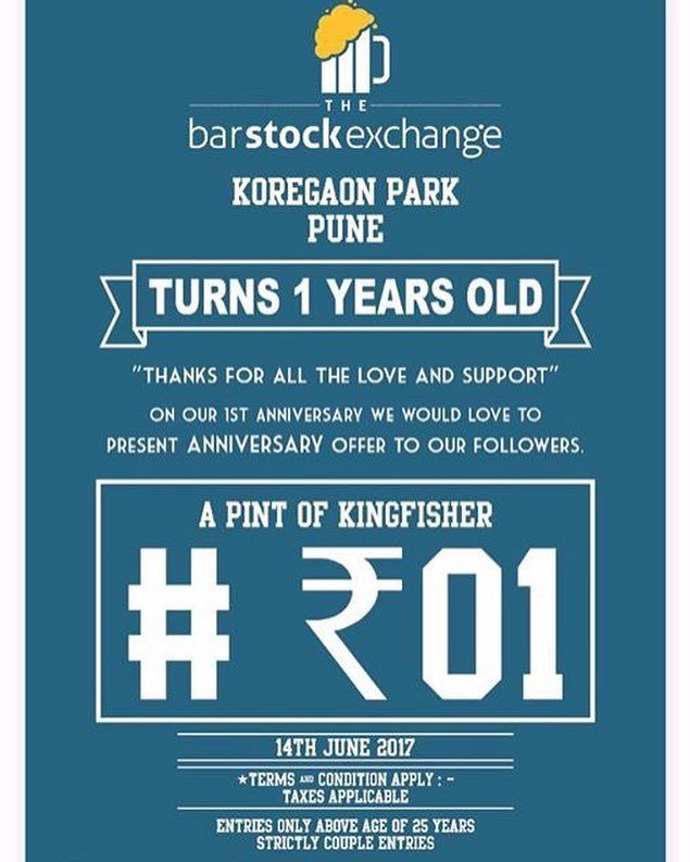 PartyHunts's tweet photo. Pint of beer only 1 Rs #thebarstockexchange Pune, celebrating 1st anniversary.

#thebarstockexchange #pune #korega… https://t.co/JA9l0G4Bc8 https://t.co/JspYD9R1Nv