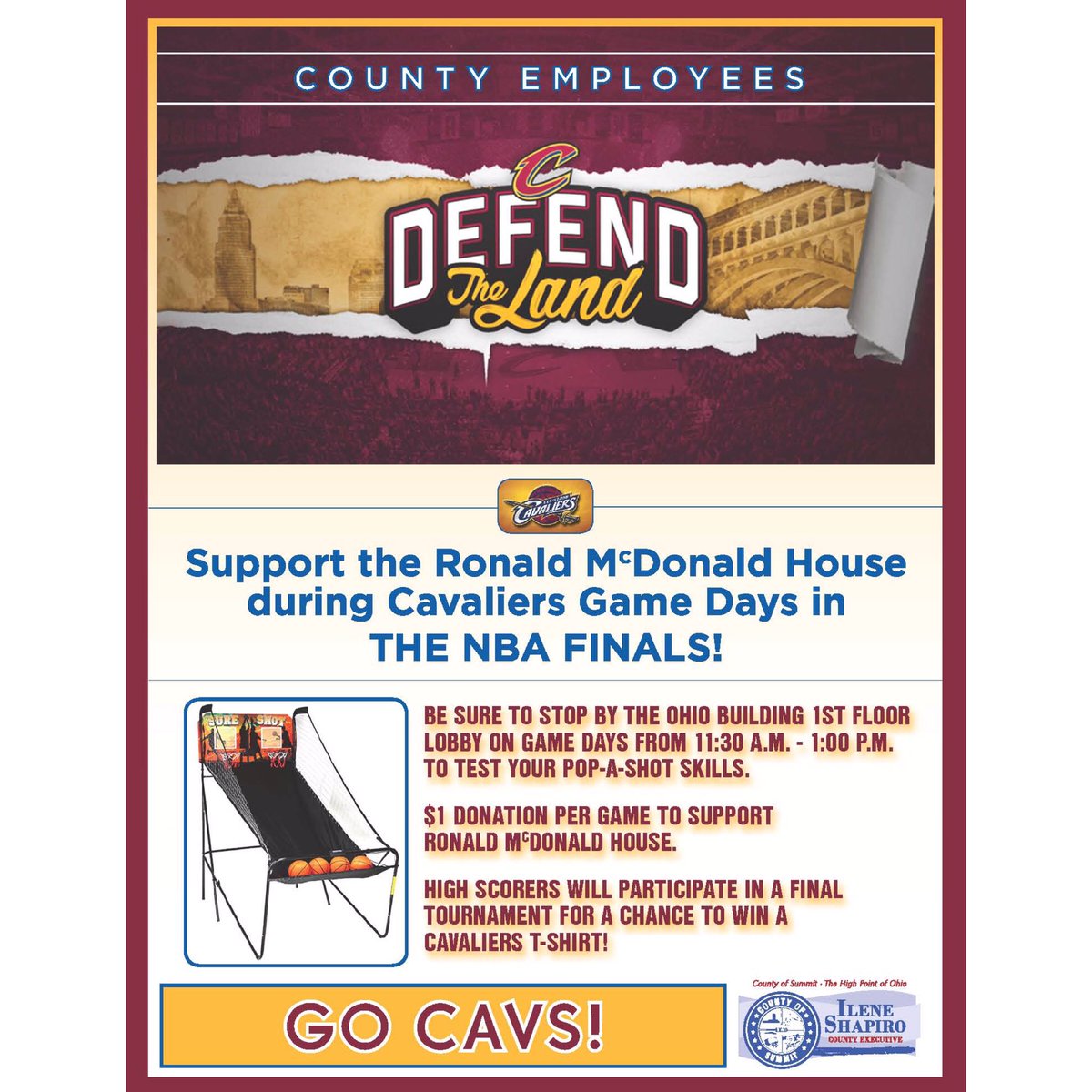 summitforkids's tweet image. Today's Pop-A-Shot! Support the Ronald McDonald House and Come to the Ohio building today during lunch from 11:30-1:00. Let's go Cavs!