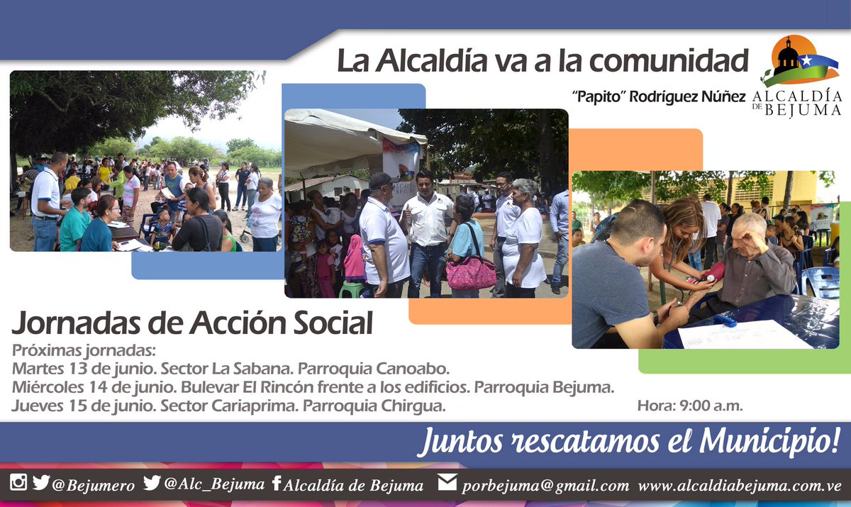 #Atención La Sabana #Canoabo El Rincón #Bejuma y Cariaprima #Chirgua esta semana. La Alcaldía va a la comunidad. <a href="/Alc_Bejuma/">Alcaldia de Bejuma</a>