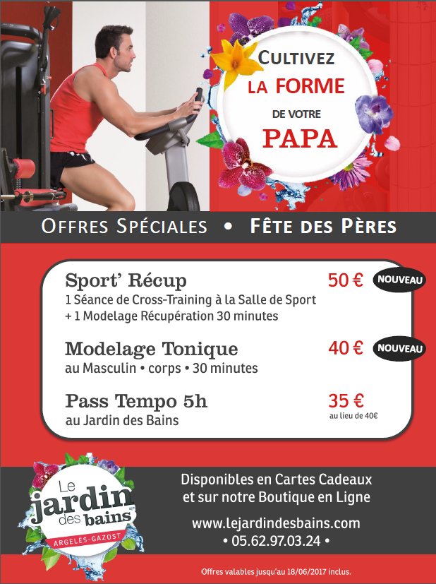 Fête des Pères : Le <a href="/JardindesBains/">Jardin des Bains</a> cultive la Forme de votre Papa !
Offres spéciales dispos en Cartes Cadeaux et sur la Boutique en Ligne