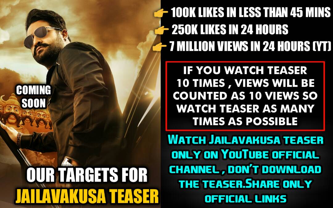 Prasadmani3's tweet photo. Our Targets For #JaiLavaKusaTeaser 
100k Likes >>>> 45 Minutes
250k Likes >>>> 24 Hours
7 Million View's >>>> 24 Hours ( only YouTube) https://t.co/4JvE04arRn