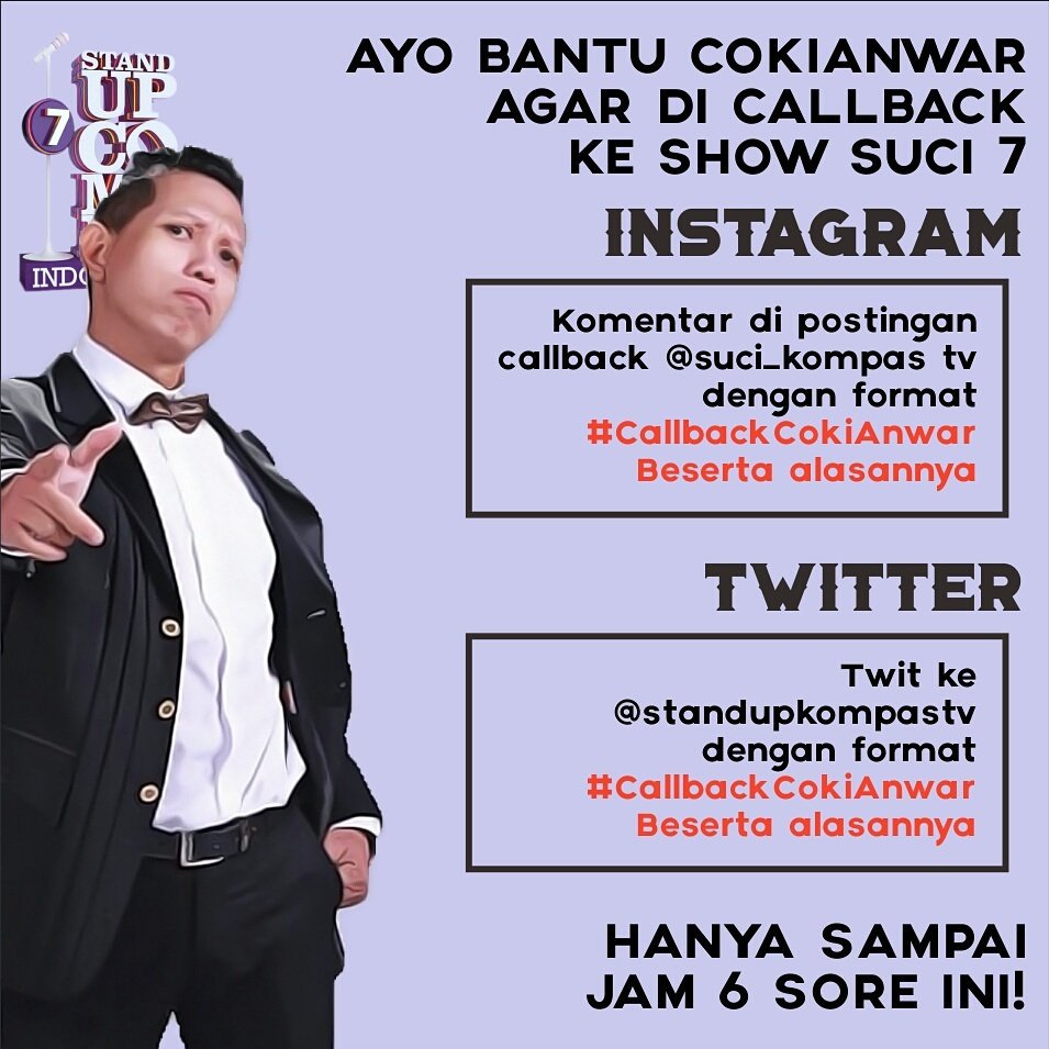 standupindo_jgj's tweet photo. Viralkan teman teman! Mari support @cokinagasari dengan cara di bawah ini #CALLBACKCOKIANWAR https://t.co/5QJ6GWYqoJ