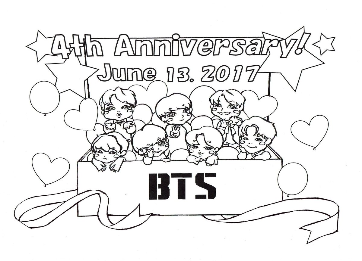 Yuichim Bts 4th Anniversary 防弾少年団デビュー４周年のお祝いぬりえですww コピーして遊んでいただけると嬉しいです 방탄소년단 Bts バンタン ぬりえ Btsfesta17 Btsfesta T Co Ymirfzwc4b