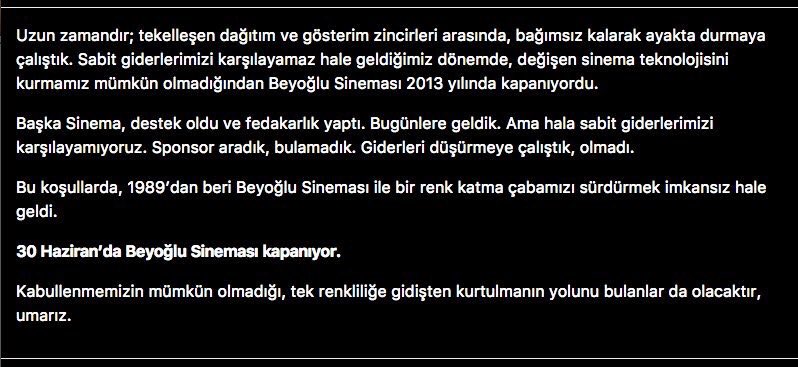 altyazidergisi's tweet photo. Beyoğlu Sineması tarafından yapılan açıklamada, sinemanın ekonomik sorunlar nedeniyle 30 Haziran'da kapanacağı duyuruldu. https://t.co/dCxLKlhAmX