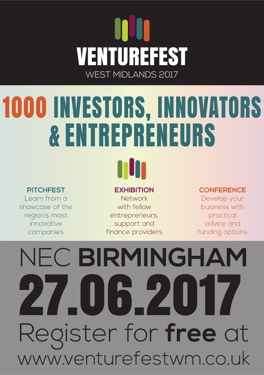 VenturefestWM's tweet photo. Conference & exhibition connecting investors, innovators & entrepreneurs in the West Midlands. 27/6 NEC, Birmingham, https://t.co/30XkhywJP2 https://t.co/U4yJP6SWI5
