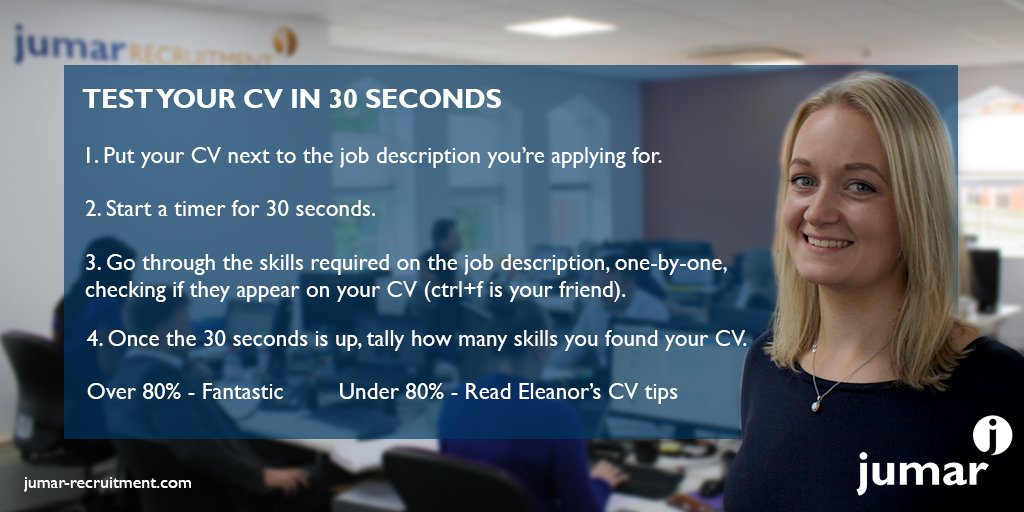 jumarrecruit's tweet image. Test your CV in 30 seconds. CV advice from our very own Eleanor Baldwin &amp;gt;&amp;gt;&amp;gt; ow.ly/vE9Z30coCbF  &amp;lt;&amp;lt;&amp;lt;  😎 #MondayMotivaton #jobsearch
