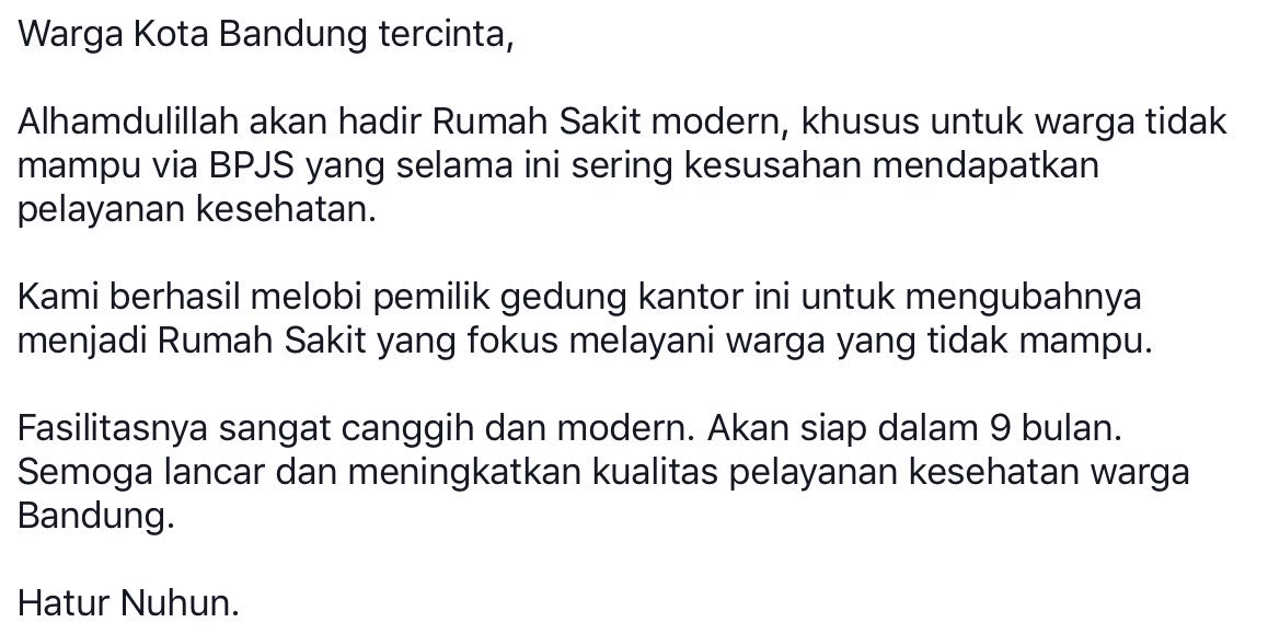 ridwankamil's tweet photo. Warga Bandung, Segera hadir, Rumah Sakit modern baru, tapi didedikasikan khusus untuk warga tidak mampu via BPJS. https://t.co/twiZyHDv0N