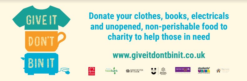ManchesterSU's tweet photo. Moving out? Donate items to @BHF points on campus &amp; food to @McrFoodbank in @MMUaccomm #giveitdontbinit https://t.co/NzGFDCn8pP https://t.co/YYUwQUAyae
