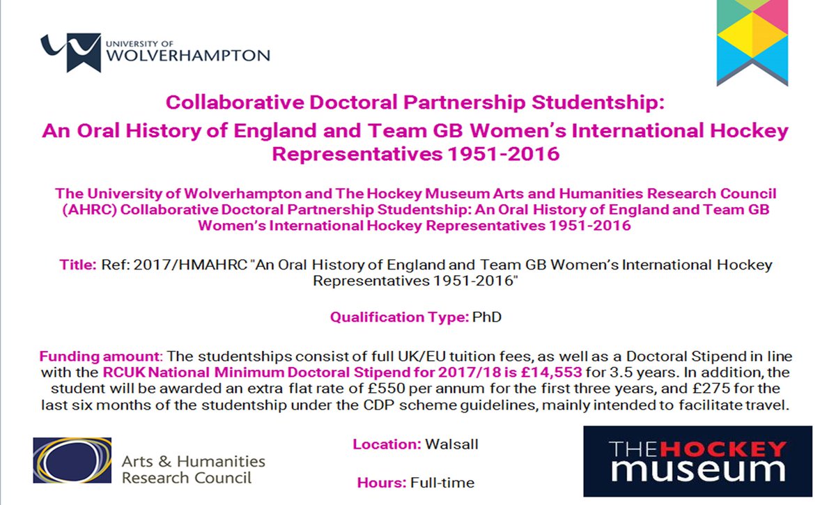 FEHWResearch (@fehw_research) on Twitter photo The <a href="/wlv_uni/">University of Wolverhampton</a> and @hockeymuseum <a href="/ahrcpress/">Arts and Humanities Research Council</a> Collaborative Doctoral Partnership Studentship: Details below
wlv.ac.uk/about-us/our-s… The <a href="/wlv_uni/">University of Wolverhampton</a> and @hockeymuseum <a href="/ahrcpress/">Arts and Humanities Research Council</a> Collaborative Doctoral Partnership Studentship: Details below
wlv.ac.uk/about-us/our-s…