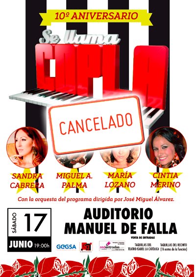 Por motivos técnicos de la compañía, ajenos al <a href="/AuditorioMFalla/">Auditorio M de Falla</a>, se ha #cancelado el #concierto de #SeLlamaCopla. Disculpen las molestias.