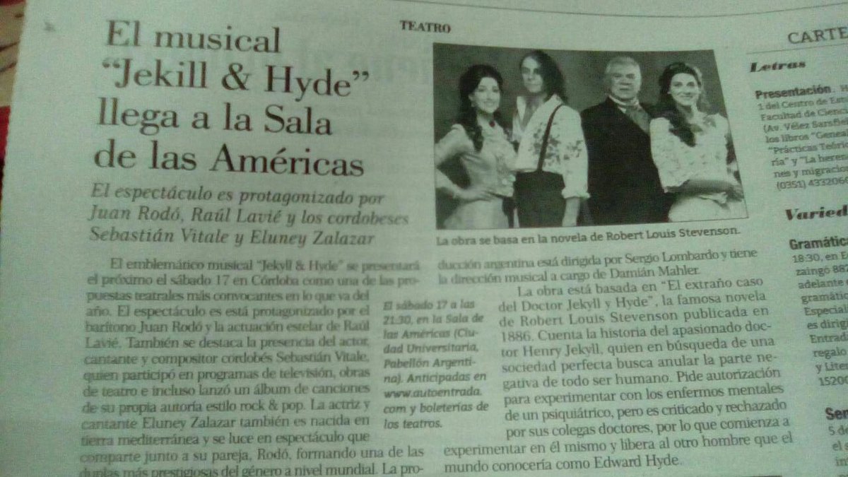 <a href="/Jekyll_Hyde_Arg/">Jekyll&HydeArgentina</a> gira en Córdoba está semana y sábado 17 en #saladelasamericas/ hoy en <a href="/hoydiacordoba/">Hoy Día Córdoba</a> / <a href="/MaximilianoPita/">Mashi23</a> <a href="/Autoentrada1/">Autoentrada</a>