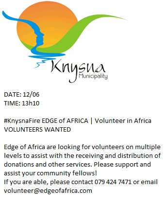 KnysnaMuni's tweet photo. VOLUNTEERS WANTED
#KnysnaFire https://t.co/Kea31GauvL