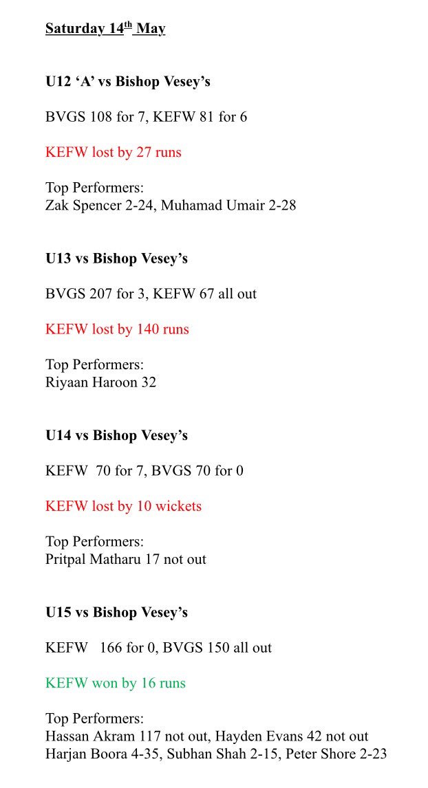 KEFWschool's tweet photo. #Cricket results so far this season https://t.co/XuvQjNj6DR
