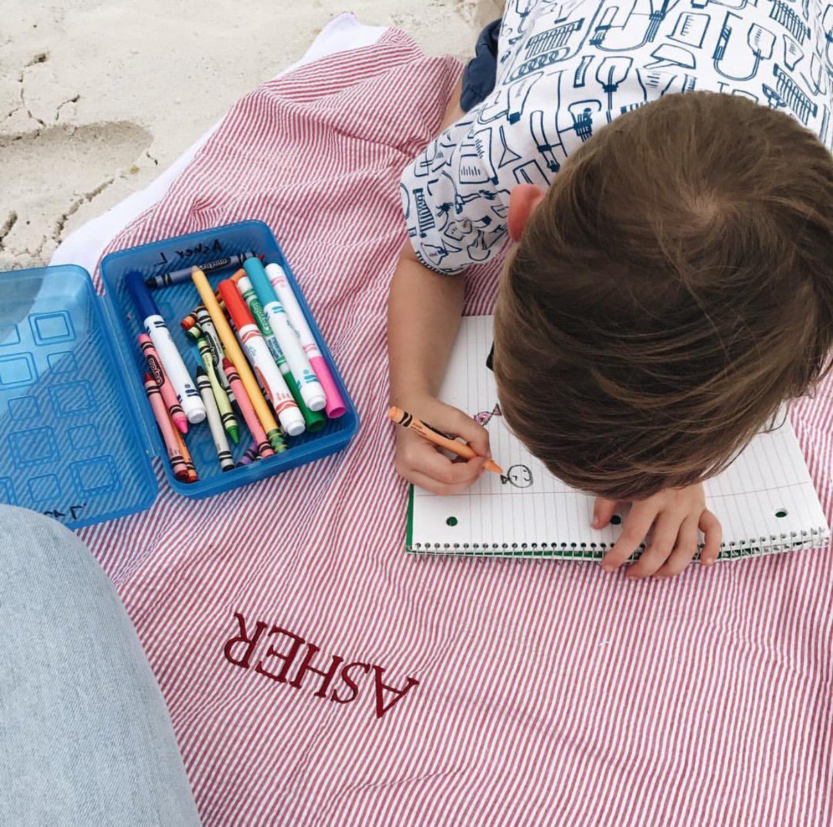 Back to the hustle! Spending Monday doodling on our seersucker, monogrammed  towelkett. Link in bio to shop!