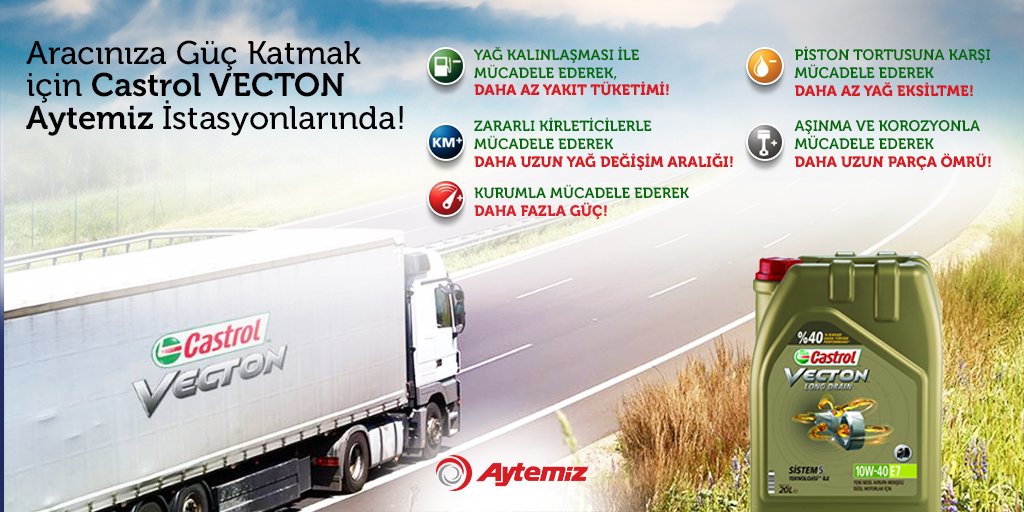 AytemizOfficial's tweet photo. Farklı ve zorlu yol koşullarına aracınız Castrol VECTON ile hep hazır! @CastrolTurkiye #madeniyağ #vecton #castrol #aytemiz https://t.co/9CKRxJpzBT