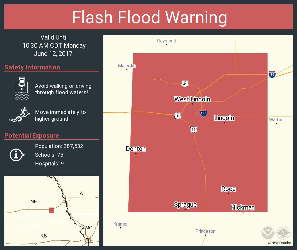 NWSOmaha's tweet image. Flash Flood Warning including Lincoln NE, Hickman NE, Roca NE until 10:30 AM CDT