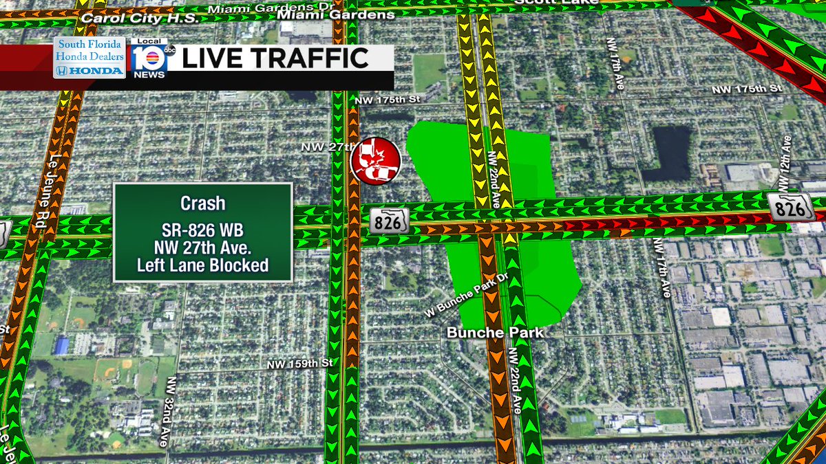 CRASH: SR-826 WB & NW 27th Ave. A left lane is blocked. #TRAFFIC #MIAMI https://t.co/F6QIZF9YH6