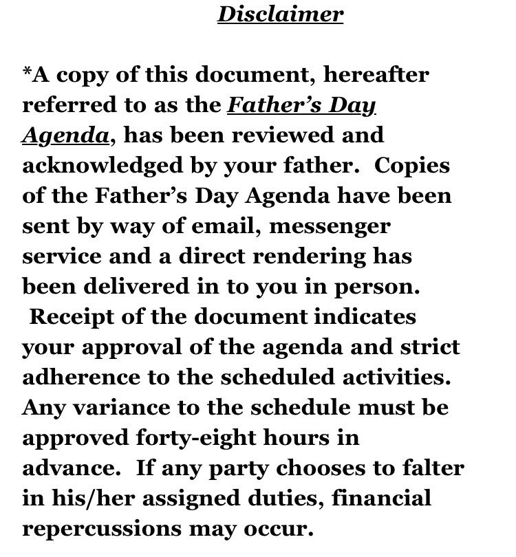 emilycrout's tweet photo. My dad just emailed us a Fathers Day Agenda along with a complete schedule, shopping list, and disclaimer. Enjoy. https://t.co/kyOcffnspo