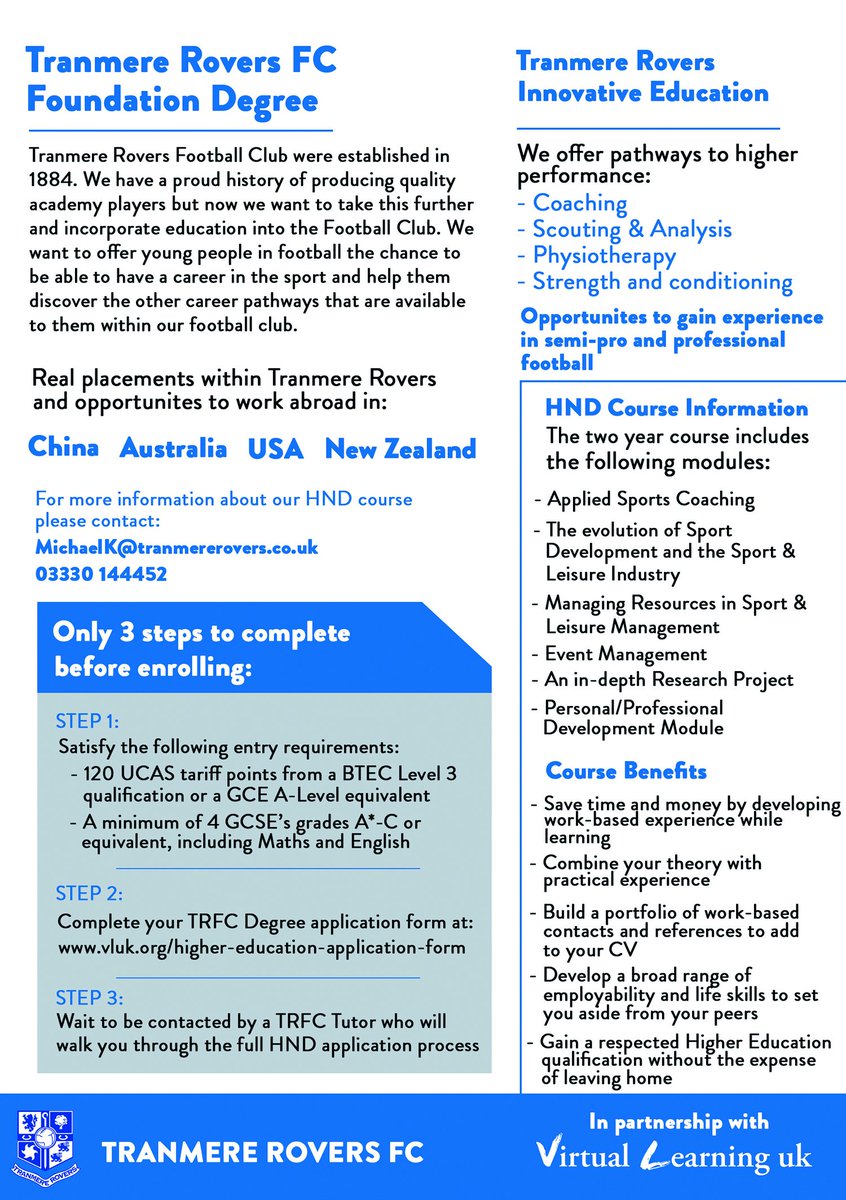 Tranmere Rovers College are proud to announce the introduction of HND-Coaching and Sports Development Degree. More: tranmererovers.co.uk/news/article/2…