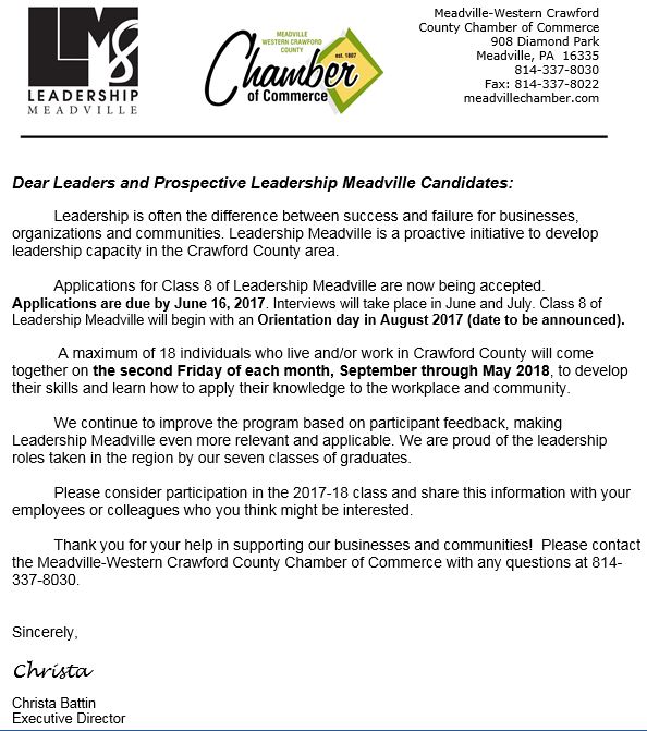 MeadvilleCC's tweet photo. We are extending the deadline for Leadership Meadville to June 23! Please consider joining this year's class! https://t.co/wdgkUdttsi