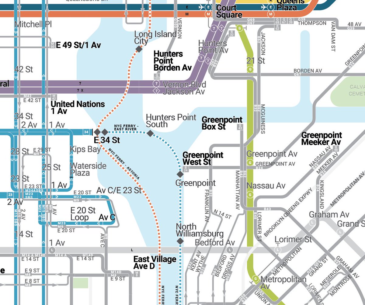 BulletMap's tweet photo. Williamsburg &amp; LIC ferry landings in context with nearby bus and subway connections.  #NYCFerry https://t.co/SZC5MYUAkP