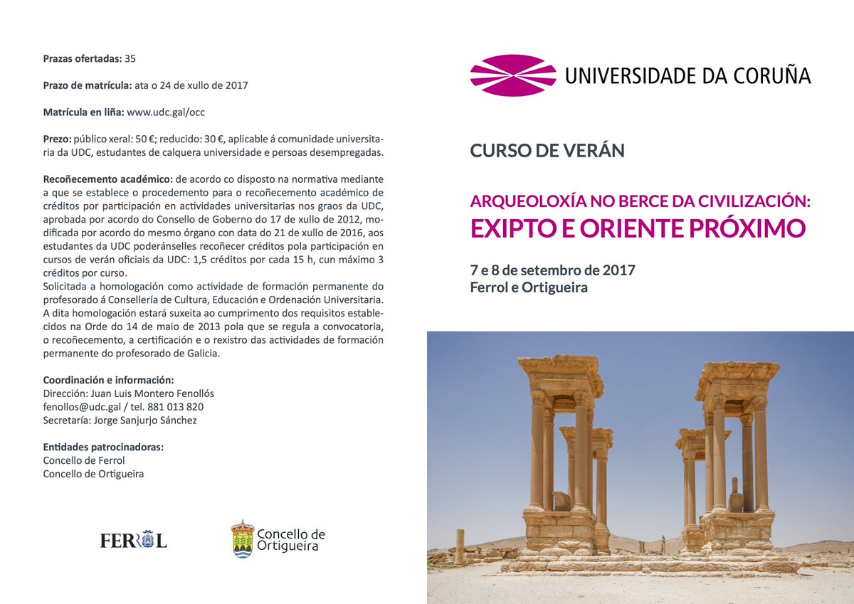 ARCIANasoc's tweet photo. CURSO DE VERÁN
ARQUEOLOXÍA NO BERCE DA CIVILIZACIÓN: EXIPTO E ORIENTE PRÓXIMO
7 e 8 de setembro de 2017 Ferrol e Ortigueira @UDC_gal https://t.co/rADx6Fxl9o