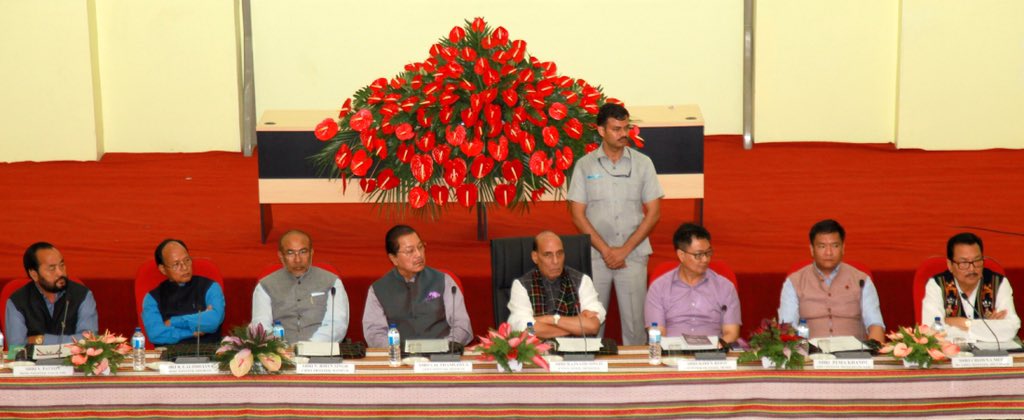 rajnathsingh's tweet photo. Reviewed the issues pertaining to security and infra in areas adjoining Indo-Myanmar border with CMs of states bordering Myanmar at Aizawl https://t.co/plJvNouge8