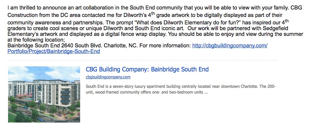 CBGBuildingCo's tweet photo. Excited to collaborate with @CMS_DilworthES on our #SouthEnd fence wrap project. Thanks for the feature in your newsletter! #insideCBG https://t.co/U7ZQaFBpjH