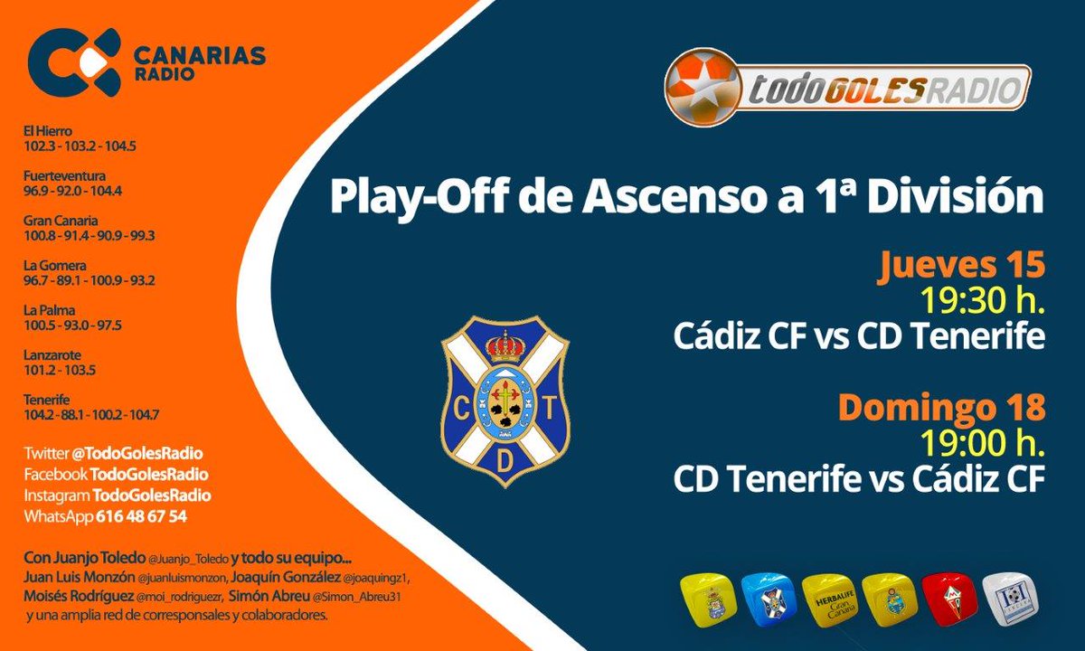 🔵 Este jueves desde las 19:30 (hora canaria) <a href="/TodoGolesRadio/">Todo Goles Radio</a> con el <a href="/Cadiz_CF/">Cádiz Club de Fútbol</a> vs <a href="/CDTOficial/">CD Tenerife 🏴󠁧󠁢󠁳󠁣󠁴󠁿</a> #CADvCDT ⚽️▶ goo.gl/UgnZwc  Vente!