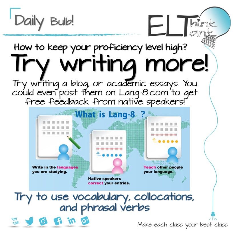 ELT_ThinkTank's tweet photo. Maintain your proficiency level and practice writing! #ELTlearning #TESOL #ESOL #writing #teachers #feedback #english #development #language https://t.co/owZjpT1KQ9