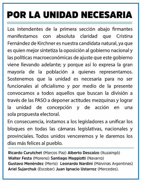 ale_phatouros's tweet photo. Solicitada de los intendentes peronistas de la Primera. "Manifestamos con absoluta claridad que @CFKArgentina es nuestra candidata natural" https://t.co/bNh7Q3dYPQ