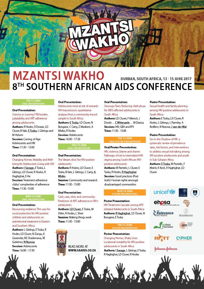 MzantsiWakho's tweet photo. Join us @SAAIDS2017 for research on #adolescents &amp;mobility, pills+palatability, high #HIV transmission risk, #socialprotection, &amp; adherence. https://t.co/fsNh87m3Th