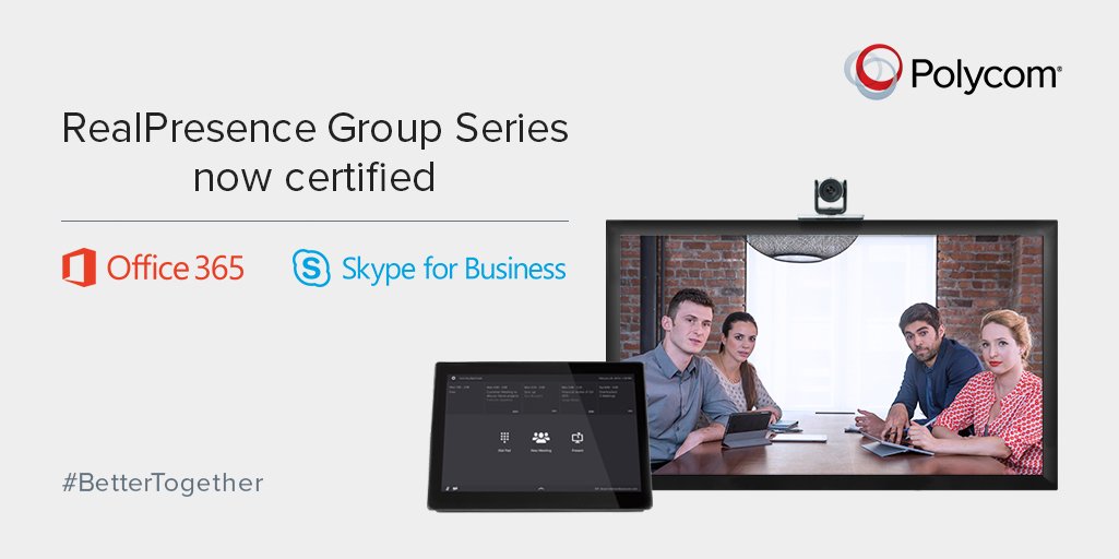 PolyCompany's tweet photo. NEWS: Industry's first - RealPresence Group Series certified for #Office365. #Polycom + #Microsoft = #BetterTogether https://t.co/NAn0wg7Msw https://t.co/Vq6A5Z0yyR