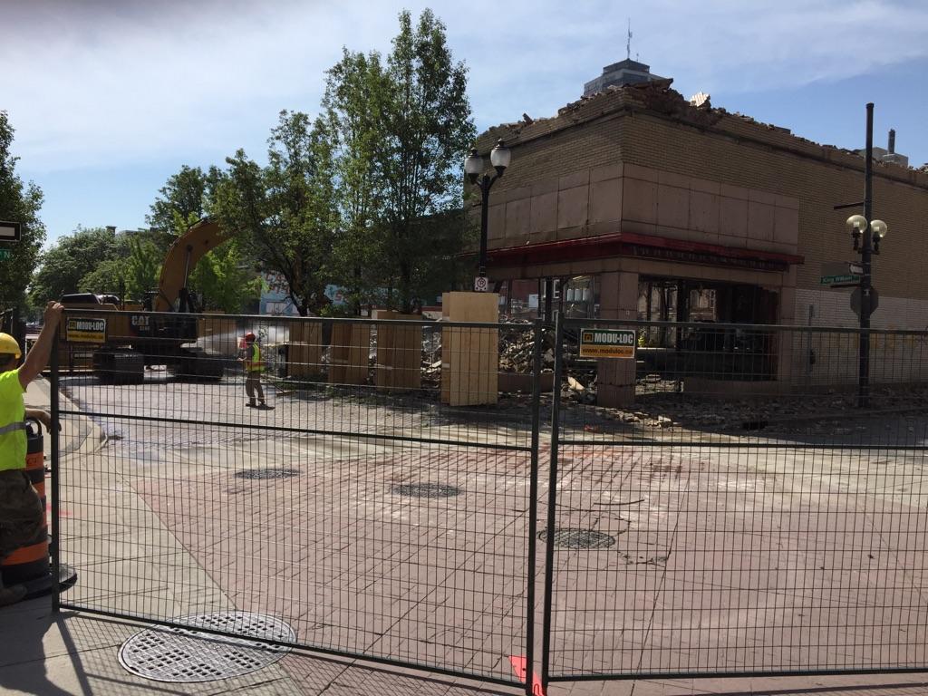 HamiltonLRT's tweet photo. Demolition underway at King &amp; Hughson site to make way
for a new @LiUNA development on the #HamOntLRT route!  #HamOnt https://t.co/MSHKOx4YhL