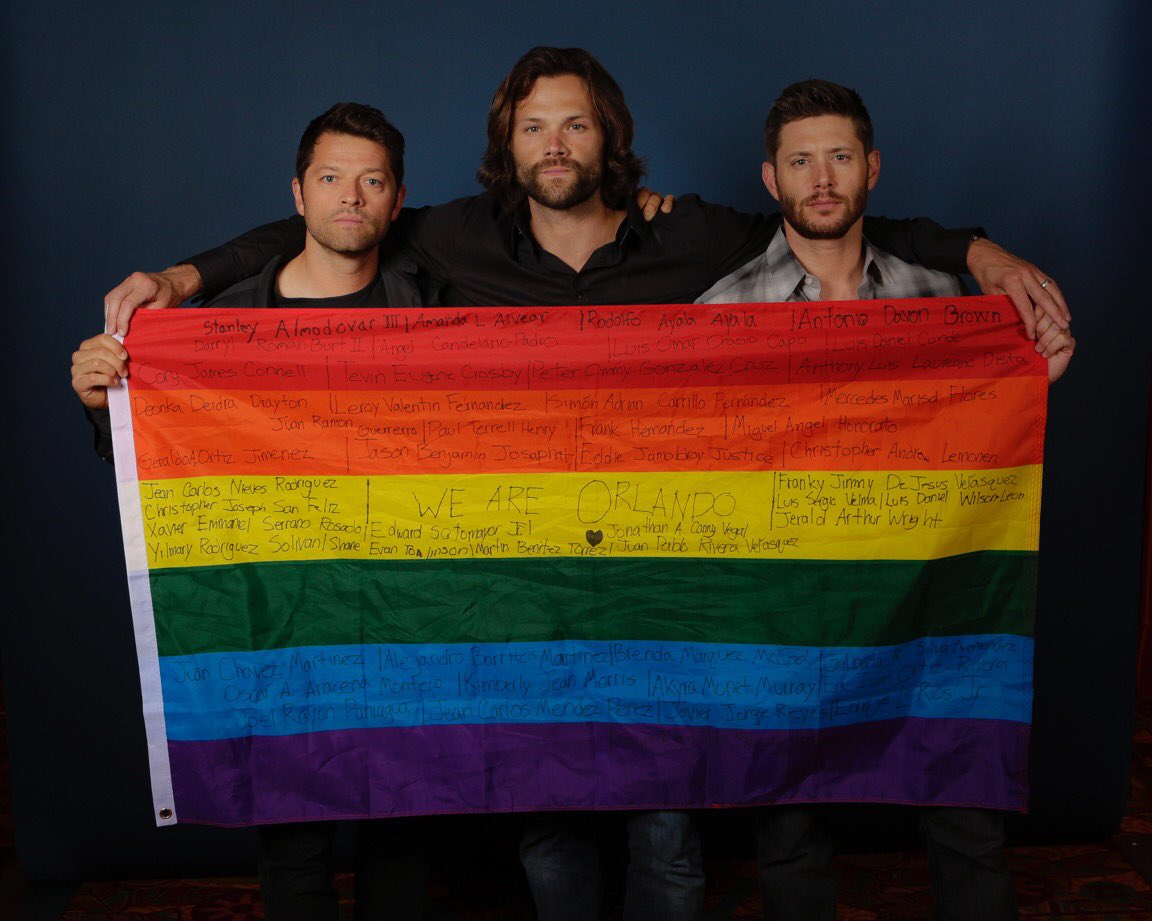 mishacollins's tweet photo. A year ago today deadliest mass shooting in US history. 49 died in orlando. Sending ♥️to our LGBTQ family. #PrideMonth @jarpad @JensenAckles https://t.co/PWWszBoCr0
