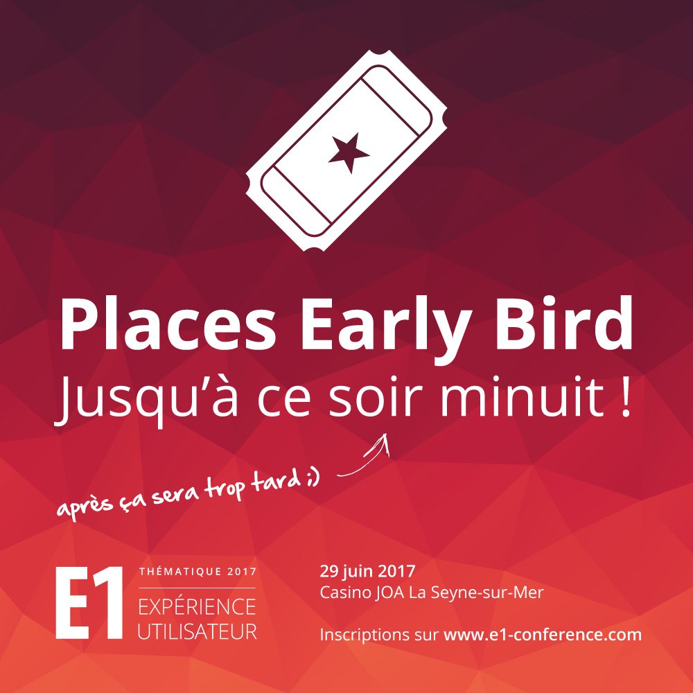 E1_conference's tweet photo. 🚨 Il vous reste jusqu'à minuit pour profiter du tarif Early Bird ! Profitez-en vite et gagnez 20€ sur votre place ! https://t.co/vlO7lOKkhh https://t.co/e9jZUbgpAa