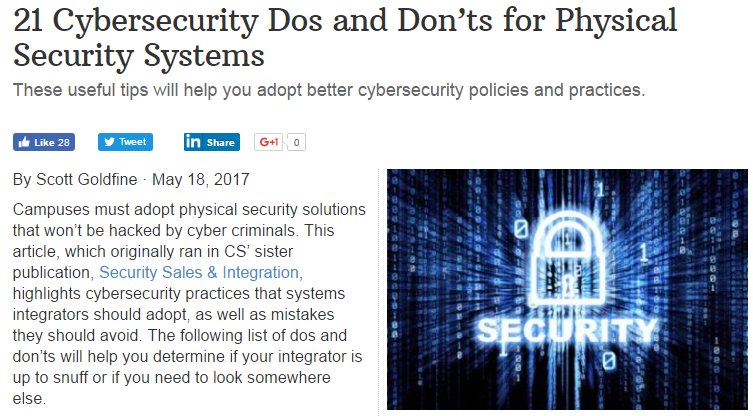 21 Cybersecurity Dos and Don’ts for Physical Security Systems via <a href="/CampusSafetyMag/">Campus Safety</a> bit.ly/2r9m2q8